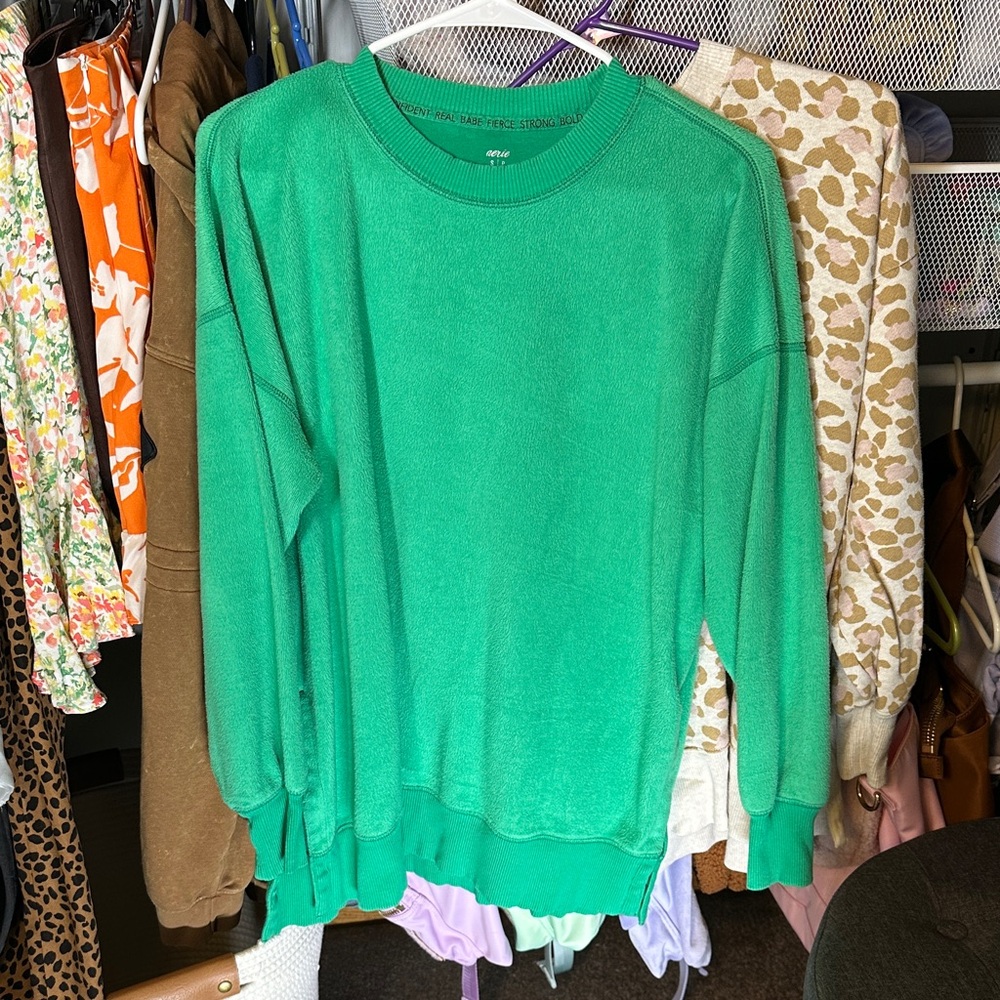 Aerie Oversized Soft Green Crewneck Top with Side Slits